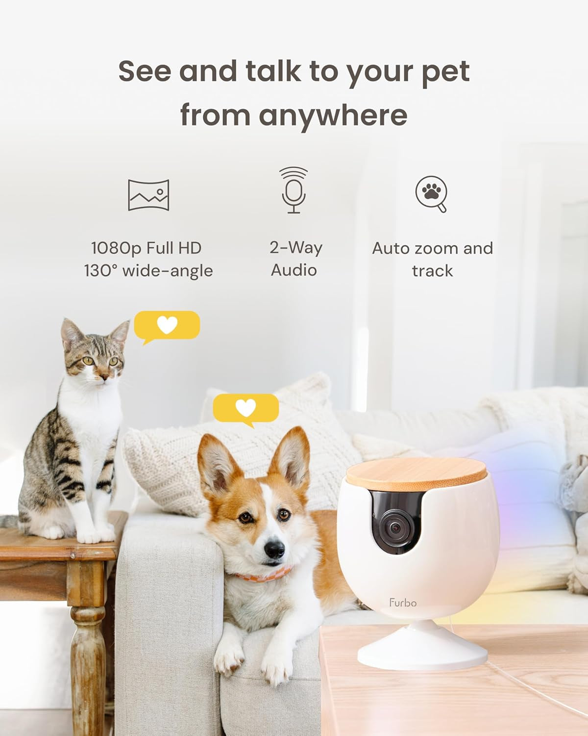 Mini Pet Camera: Basic See & Talk Features, No AI Alerts, No Subscription Required, Pet Security Cam W/Barking/Meowing Alerts, Rotating View, 2-Way Audio, Smart Home Monitoring