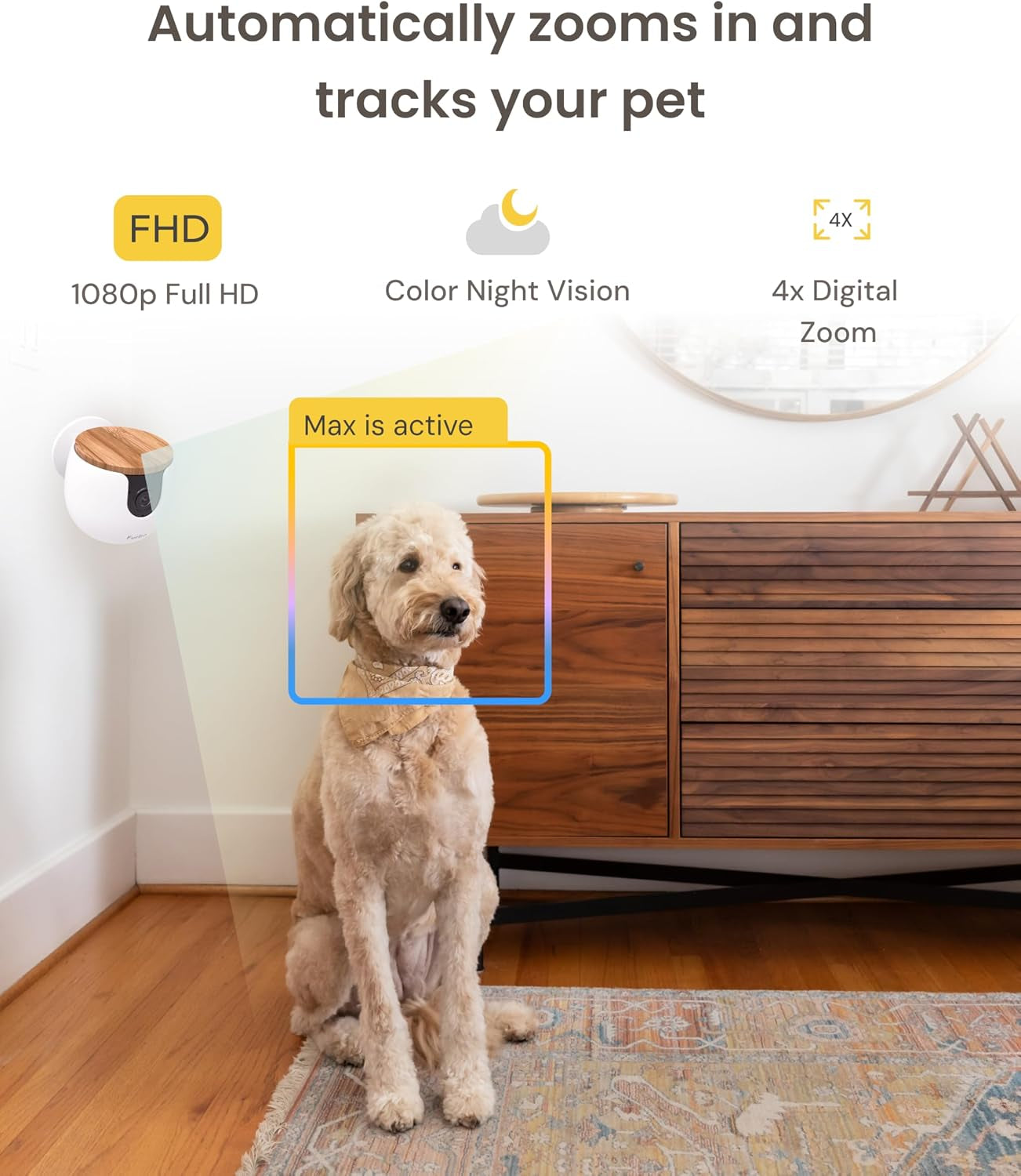 Mini Pet Camera: Basic See & Talk Features, No AI Alerts, No Subscription Required, Pet Security Cam W/Barking/Meowing Alerts, Rotating View, 2-Way Audio, Smart Home Monitoring